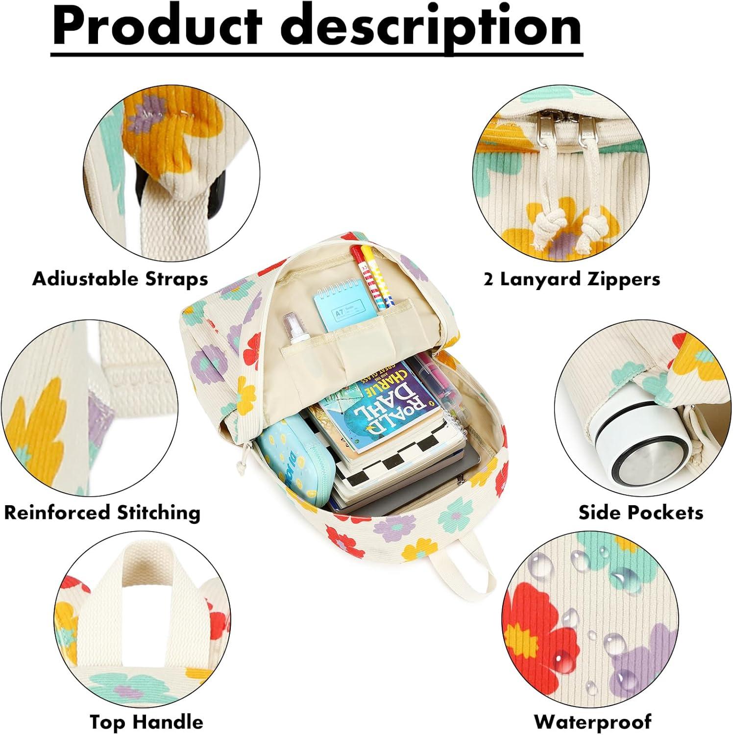 imageBluboon School Backpack Teens Girls Boys Kids School Book Bags with Lunch Box Pencil BagCorduroy Colorful Floret