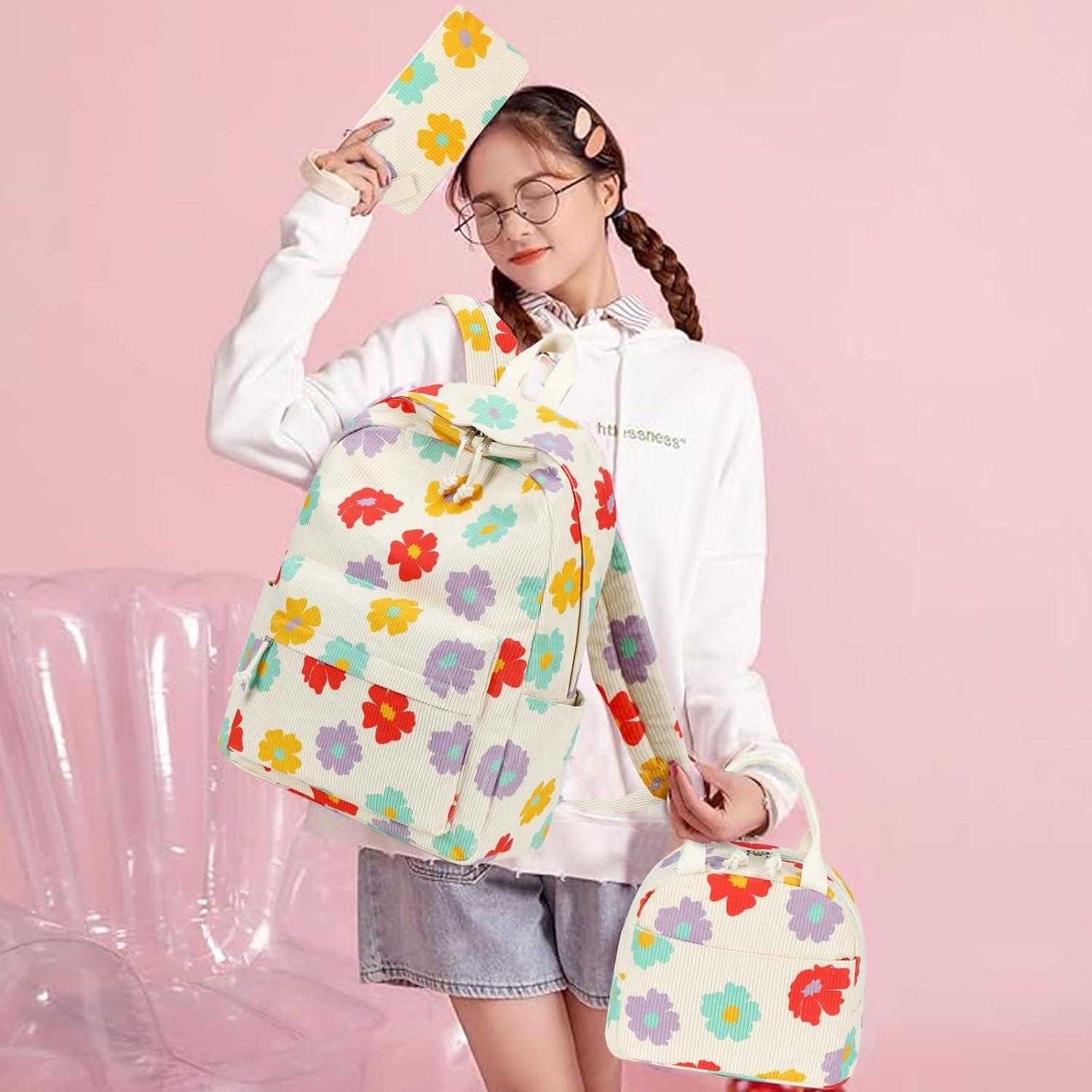 imageBluboon School Backpack Teens Girls Boys Kids School Book Bags with Lunch Box Pencil BagCorduroy Colorful Floret