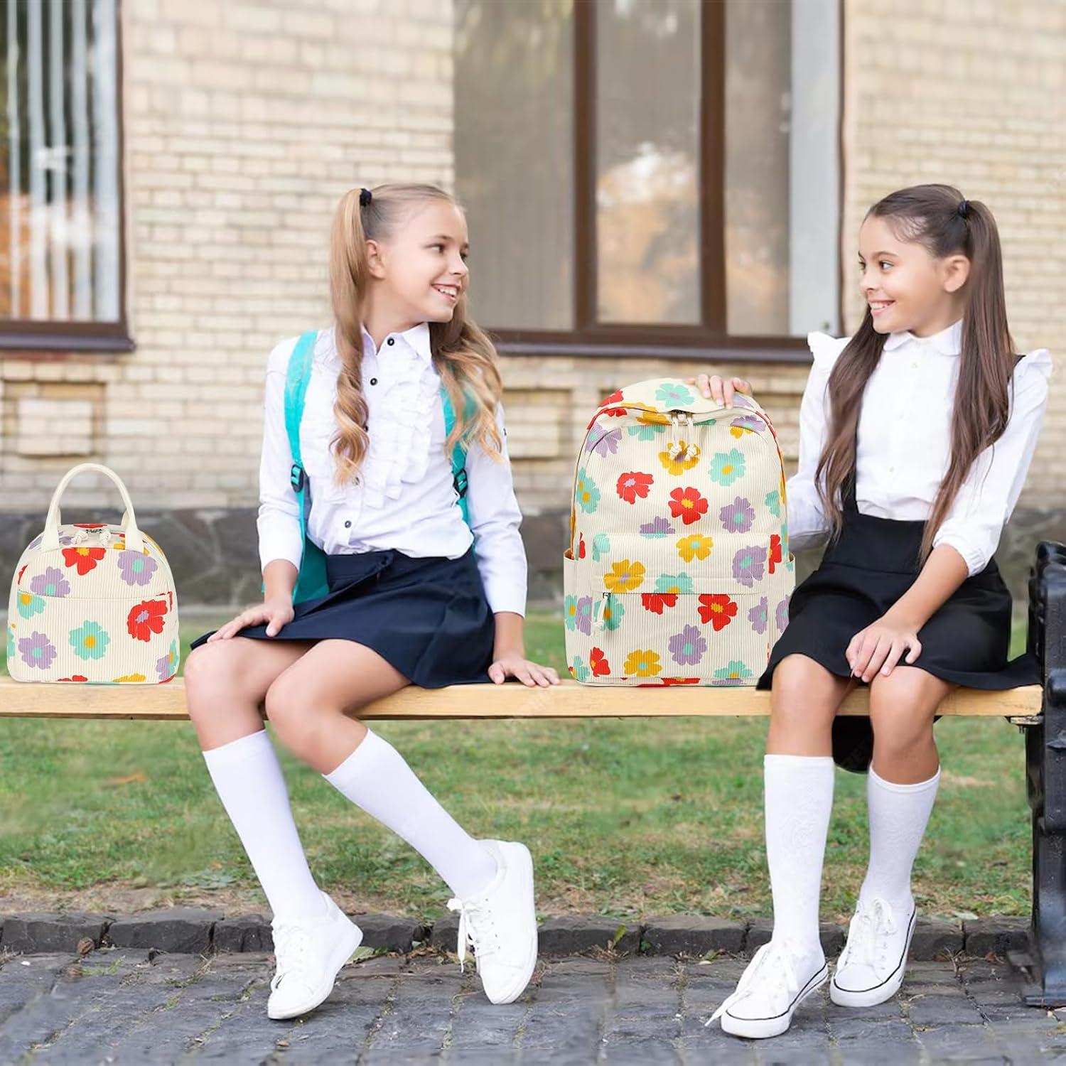 imageBluboon School Backpack Teens Girls Boys Kids School Book Bags with Lunch Box Pencil BagCorduroy Colorful Floret