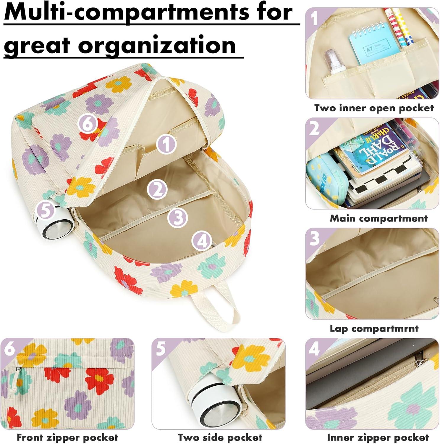 imageBluboon School Backpack Teens Girls Boys Kids School Book Bags with Lunch Box Pencil BagCorduroy Colorful Floret