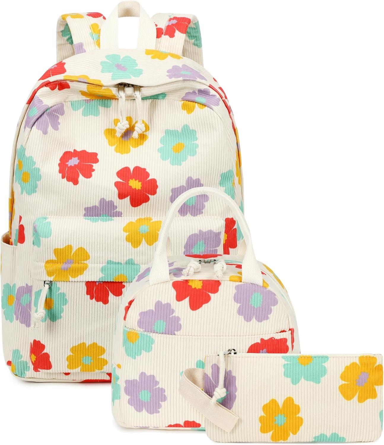 imageBluboon School Backpack Teens Girls Boys Kids School Book Bags with Lunch Box Pencil BagCorduroy Colorful Floret