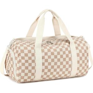 imageBLUBOON Duffle Bag Girls Kids Cute Gym Bag with Shoes Compartment ampamp Wet Separation Waterproof Sports Overnight Travel BagCorduroy Brown white check