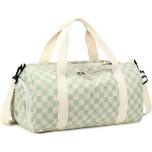 imageBLUBOON Duffle Bag Girls Kids Cute Gym Bag with Shoes Compartment ampamp Wet Separation Waterproof Sports Overnight Travel BagLight green white grid