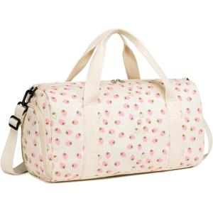 imageBLUBOON Duffle Bag Girls Kids Cute Gym Bag with Shoes Compartment ampamp Wet Separation Waterproof Sports Overnight Travel BagStrawberry Corduroy Beige