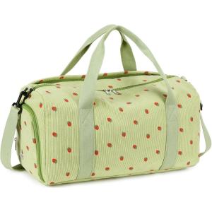 imageBLUBOON Duffle Bag Girls Kids Cute Gym Bag with Shoes Compartment ampamp Wet Separation Waterproof Sports Overnight Travel BagStrawberry Corduroy Green
