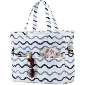 imageBeach Pool Bags Tote for Women Ladies Large Gym Tote Carry On Bag With Wet Compartment for Weekender Travel WaterproofBlue Wave Stripe
