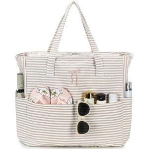 imageBeach Pool Bags Tote for Women Ladies Large Gym Tote Carry On Bag With Wet Compartment for Weekender Travel WaterproofBrown Striped Bow