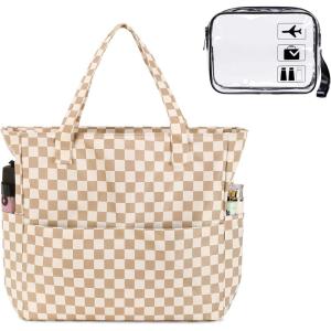 imageBeach Pool Bags Tote for Women Ladies Large Gym Tote Carry On Bag With Wet Compartment for Weekender Travel WaterproofBrown and White Grid 2