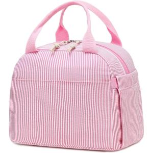 imageBluboon Lunch Box for Women Cute Lunch Bag Reusable Insulated Lunch Bags Large Capacity Lunchbox Cooler for Work Picnic or TravelPink White Vertical Stripes