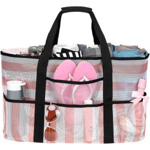 imageBluboon Mesh Beach Bag Toy Tote Bag for Family Pool Oversized 22 inches Grocery Shopping Bag with Waterproof Cell Phone Pocket and Sandproof Bottom Pink White Stripe