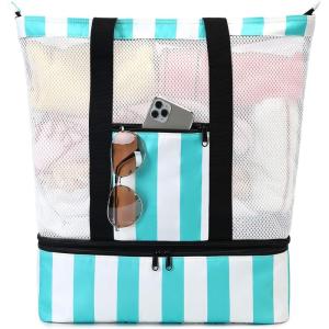 imageBluboon Mesh Beach Tote Bag with Cooler Compartment Insulated Detachable Picnic Bag with Zipper and Pocket Pool Bag for WomenA Turquoise
