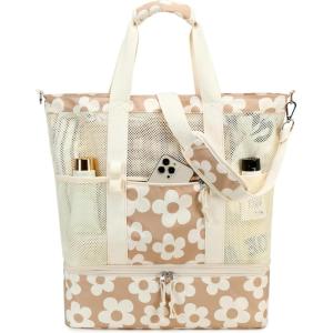 imageBluboon Mesh Beach Tote Bag with Cooler Compartment Insulated Detachable Picnic Bag with Zipper and Pocket Pool Bag for WomenAbig Flower 157