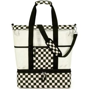 imageBluboon Mesh Beach Tote Bag with Cooler Compartment Insulated Detachable Picnic Bag with Zipper and Pocket Pool Bag for WomenAblack and White Grid