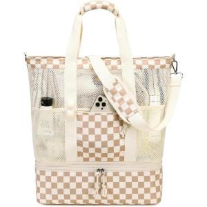 imageBluboon Mesh Beach Tote Bag with Cooler Compartment Insulated Detachable Picnic Bag with Zipper and Pocket Pool Bag for WomenAbrown White Grid