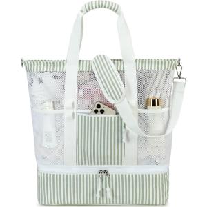 imageBluboon Mesh Beach Tote Bag with Cooler Compartment Insulated Detachable Picnic Bag with Zipper and Pocket Pool Bag for WomenAsage Green White Vertical Stripes