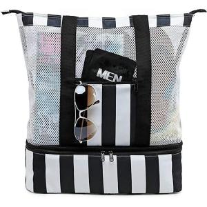 imageBluboon Mesh Beach Tote Bag with Cooler Compartment Insulated Detachable Picnic Bag with Zipper and Pocket Pool Bag for WomenBlack