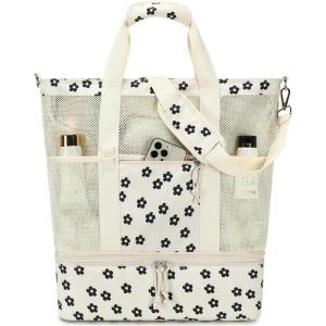 imageBluboon Mesh Beach Tote Bag with Cooler Compartment Insulated Detachable Picnic Bag with Zipper and Pocket Pool Bag for WomenBlack Floral Beige