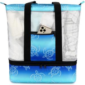 imageBluboon Mesh Beach Tote Bag with Cooler Compartment Insulated Detachable Picnic Bag with Zipper and Pocket Pool Bag for WomenDark Blue Turtle