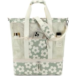 imageBluboon Mesh Beach Tote Bag with Cooler Compartment Insulated Detachable Picnic Bag with Zipper and Pocket Pool Bag for WomenFlower 157 Green