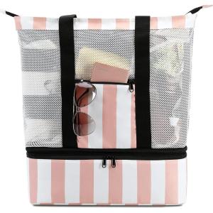 imageBluboon Mesh Beach Tote Bag with Cooler Compartment Insulated Detachable Picnic Bag with Zipper and Pocket Pool Bag for WomenPink