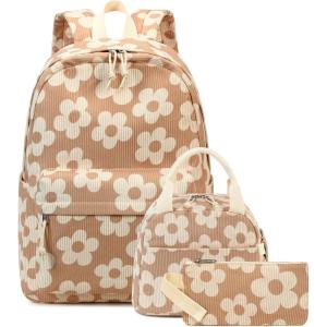 imageBluboon School Backpack Teens Girls Boys Kids School Book Bags with Lunch Box Pencil BagBeige Flower Brown Base