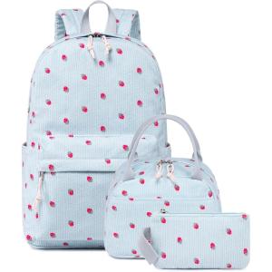 imageBluboon School Backpack Teens Girls Boys Kids School Book Bags with Lunch Box Pencil BagCorduroy Blue Strawberry