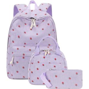 imageBluboon School Backpack Teens Girls Boys Kids School Book Bags with Lunch Box Pencil BagCorduroy Strawberry Purple