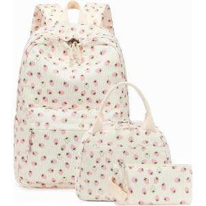 imageBluboon School Backpack Teens Girls Boys Kids School Book Bags with Lunch Box Pencil BagCorduroy White Pink Strawberry