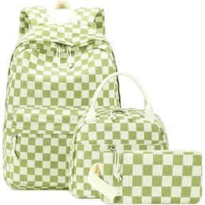 imageBluboon School Backpack Teens Girls Boys Kids School Book Bags with Lunch Box Pencil BagGreen and White Grid