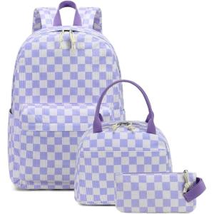 imageBluboon School Backpack Teens Girls Boys Kids School Book Bags with Lunch Box Pencil BagPurple and White Checkered