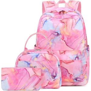 imageBluboon Teen Girls School Backpack Kids Bookbag Set with Lunch Box Pencil Case Travel Laptop Backpack Casual Daypacks Marble PinkBlueMarble Pink