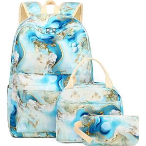 imageBluboon Teen Girls School Backpack Kids Bookbag Set with Lunch Box Pencil Case Travel Laptop Backpack Casual Daypacks Marble PinkBluePebbleblue White