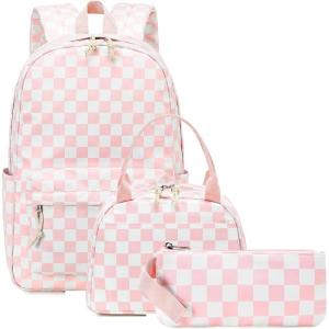imageBluboon Teen Girls School Backpack Kids Bookbag Set with Lunch Box Pencil Case Travel Laptop Backpack Casual Daypacks Marble PinkBluePink White Checkered