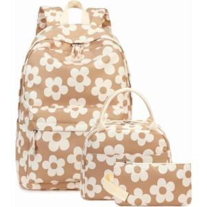 imageBluboon Teens Backpack Set Girls School Backpack Lunch Box Pencil Bags Student Bookbags 3 in 1Beige Large Flower 157 Brown