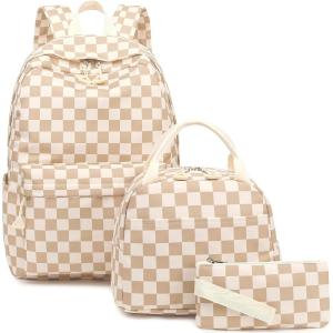 imageBluboon Teens Backpack Set Girls School Backpack Lunch Box Pencil Bags Student Bookbags 3 in 1Brown White Gird 2
