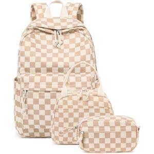 imageBluboon Teens Backpack Set Girls School Backpack Lunch Box Pencil Bags Student Bookbags 3 in 1Brown White Gird