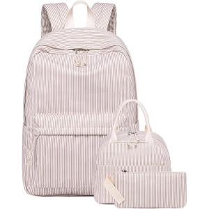 imageBluboon Teens Backpack Set Girls School Backpack Lunch Box Pencil Bags Student Bookbags 3 in 1Brown White Stripe