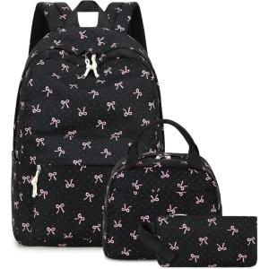 imageBluboon Teens Backpack Set Girls School Backpack Lunch Box Pencil Bags Student Bookbags 3 in 1Pink Bow With Black Background