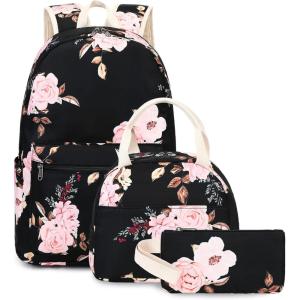 imageBluboon Teens Backpack Set Girls School Backpack Lunch Box Pencil Bags Student Bookbags 3 in 1Pink Rose Black