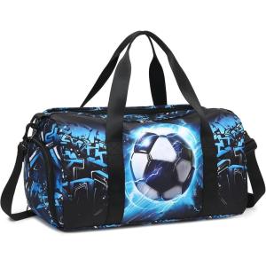 imageKids Duffle Bag for Boys Water Resistant Small Gym Bag Overnight Weekender Travel Tote with Shoe Compartment and Wet PocketBluepassion football