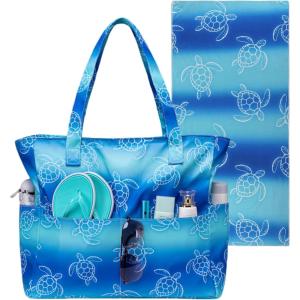 imageWaterproof Beach Tote Pool Bags for Women Ladies Extra Large Gym Tote Carry On Bag With Wet Compartment for Weekender Travel2 Pcs Beach Bag With Towelturtle Blue