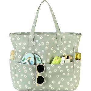 imageWaterproof Beach Tote Pool Bags for Women Ladies Extra Large Gym Tote Carry On Bag With Wet Compartment for Weekender TravelBeige Flower Green