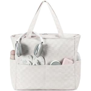 imageWaterproof Beach Tote Pool Bags for Women Ladies Extra Large Gym Tote Carry On Bag With Wet Compartment for Weekender TravelBeige Grid