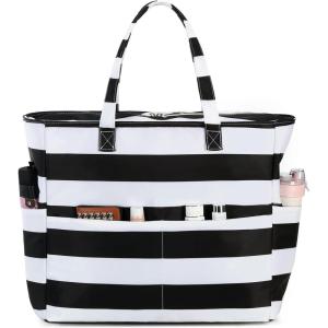 imageWaterproof Beach Tote Pool Bags for Women Ladies Extra Large Gym Tote Carry On Bag With Wet Compartment for Weekender TravelBlack Whitestripe