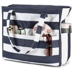 imageWaterproof Beach Tote Pool Bags for Women Ladies Extra Large Gym Tote Carry On Bag With Wet Compartment for Weekender TravelBlue Grey Stripes