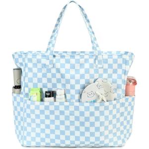 imageWaterproof Beach Tote Pool Bags for Women Ladies Extra Large Gym Tote Carry On Bag With Wet Compartment for Weekender TravelBlue White Checked