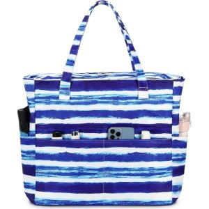 imageWaterproof Beach Tote Pool Bags for Women Ladies Extra Large Gym Tote Carry On Bag With Wet Compartment for Weekender TravelBlue White Stripes