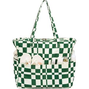 imageWaterproof Beach Tote Pool Bags for Women Ladies Extra Large Gym Tote Carry On Bag With Wet Compartment for Weekender TravelCheck Green White