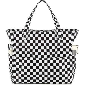 imageWaterproof Beach Tote Pool Bags for Women Ladies Extra Large Gym Tote Carry On Bag With Wet Compartment for Weekender TravelChecked Black White