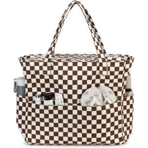 imageWaterproof Beach Tote Pool Bags for Women Ladies Extra Large Gym Tote Carry On Bag With Wet Compartment for Weekender TravelChecked Brown Beige